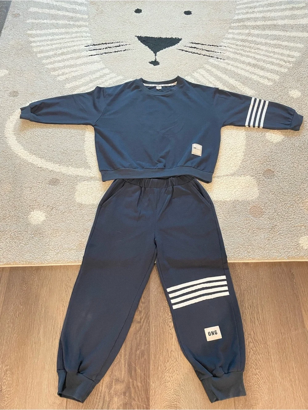 Navy Blue Kids Sweatshirt & Jogger Set with White Stripe Details